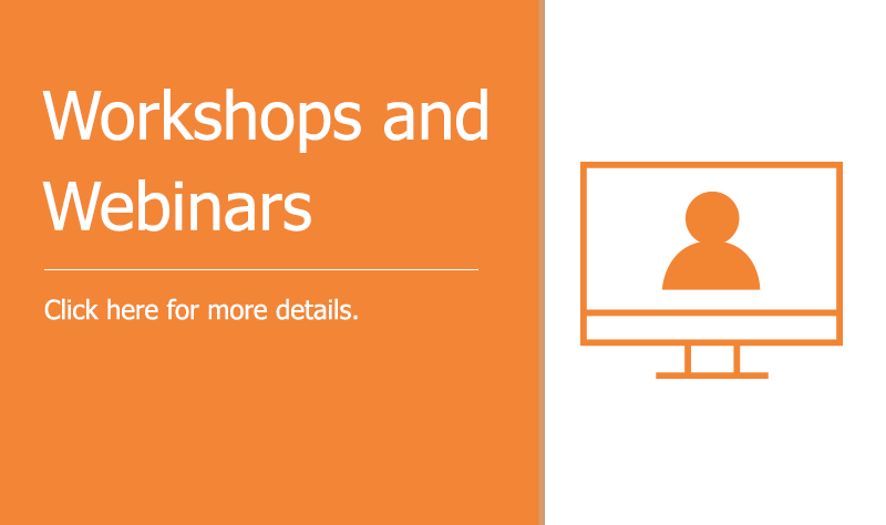 the outline of a figure on a computer monitor - white text on an orange background reads "workshops and webinars - click here for details"