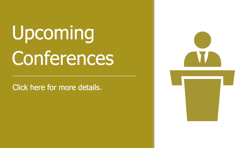 yellow figure standing at a podium.Text reads: Upcoming conferences, click here for more info
