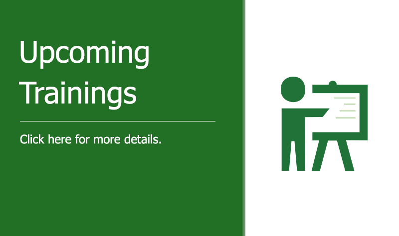White text on green background - upcoming trainings, click here for more details