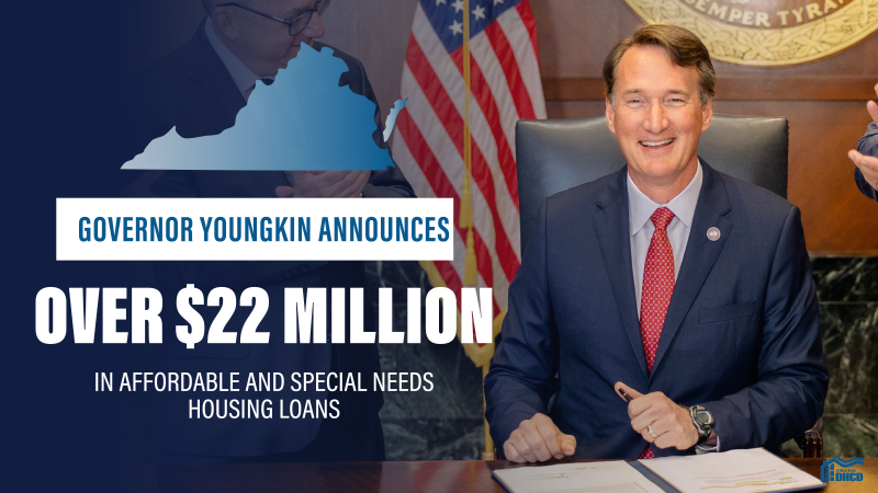 Governor Youngkin sits smiling at his desk wearing a blue suit and red tie - white text reads "GOVERNOR YOUNGKIN ANNOUNCES OVER $22 MILLION IN AFFORDABLE AND SPECIAL NEEDS HOUSING LOANS"